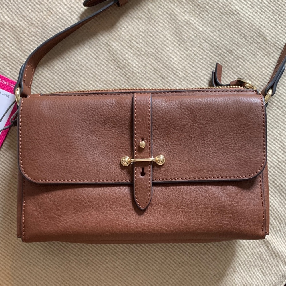 Vince Camuto New York Elegant Brown Leather Crossbody Bag with dust bag.